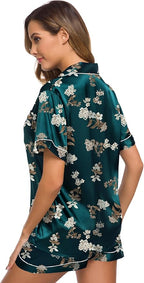 SWOMOG Womens Silk Satin Pajamas Set Short Sleeve Sleepwear Button Down Top and Shorts Loungewear 2 Piece Pjs Set XS-3XL