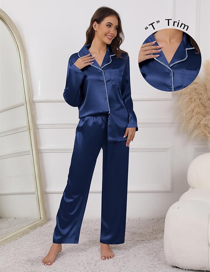 Ekouaer Pajamas For Women Set Silk Pjs 2 Piece Satin Sleepwear Long Sleeve Button Down Lounge Sets With Pant