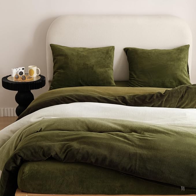 Luxlovery Green Gradient Velvet Comforter Full Fluffy Plush Flannel Bedding Set Full Men Women Army Green White Winter Warm Blanket Quilts Thick Abstract Modern Comforter Set