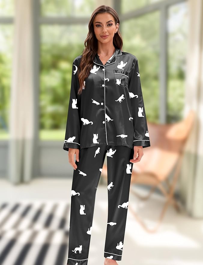 EPLAZA Silk Pajamas for Women Satin Pajamas Set 5 Pcs Long Sleeve Print Pattern Button Down Pjs Sleepwear Loungewear Set
