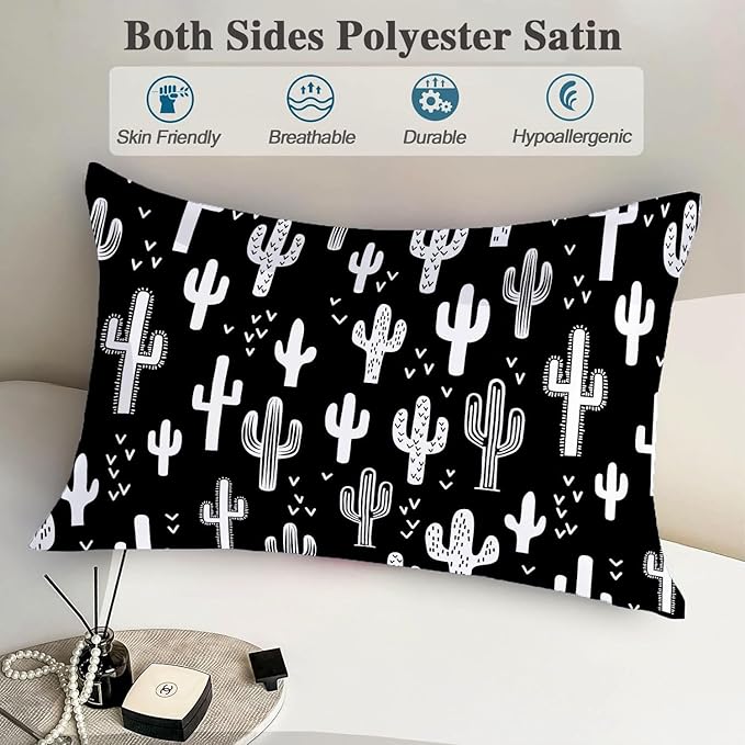 1 Pack Satin Pillowcase for Hair and Skin Funny Black and White Cactus Imitation Silk Pillowcase with Hidden Zipper Soft Breathable Smooth Cooling Pillow Cover King Size for Bedroom Sofa 20”x36”