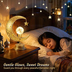 Lewondr Ramadan Moon Lamp, Crescent Moon with Star Table Lamp, Battery Powered Ramadan Desk Lamp Decorations Crescent Table Light Bedside Night Stand Desktop Living Room Home Decor, Eid Mubarak Decor