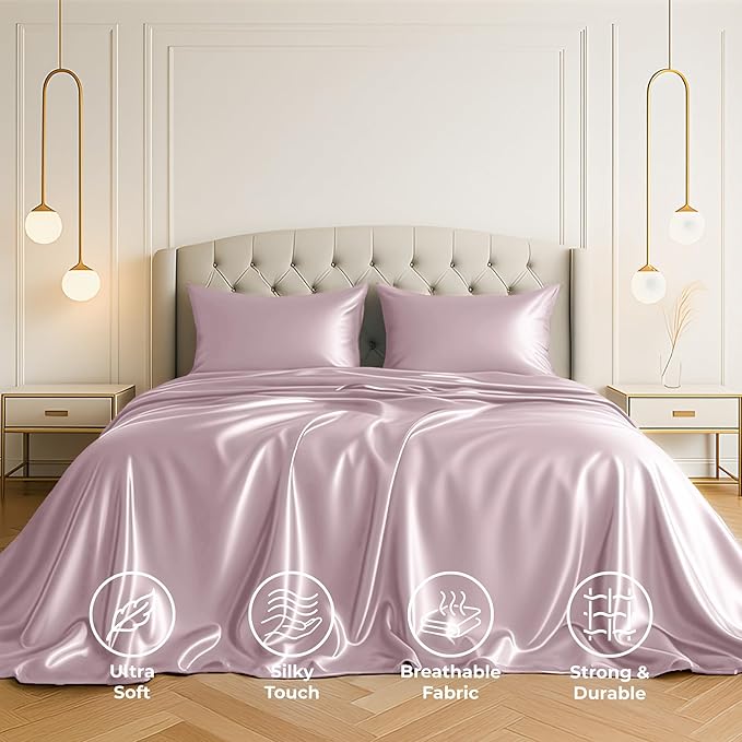 Pure Bedding Satin Sheets Twin [3-Piece, Champagne Pink] Hotel Luxury Silky Bed Sheets - Extra Soft 1800 Microfiber Sheet Set, Wrinkle, Fade, Deep Pocket Fitted Sheet, Flat Sheet, Pillow Cases