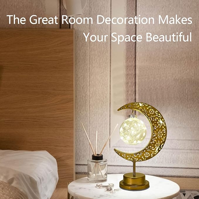 Decorative Table Lamp, Crescent Moon Lamp Ramadan Table Decor, Battery Powered Christmas Ramadan Desk Lamp Decorations for Home, Patterned Hollow Out Warm Boho Light for Bedrooms Nightstand