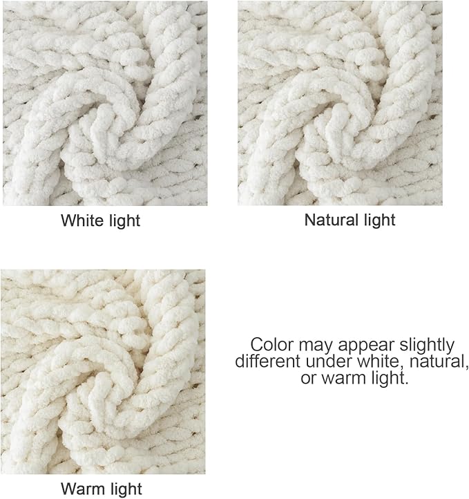 Luxury Super Chunky Knit Throw Blanket, Handmade Chenille Cable Knit Crochet Blanket 50x60, Soft Thick Chunky Yarn Knit Throw for Couch & Bed, No Shedding, Ivory/Cream Home Decor Gift