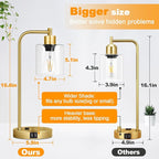 Nintiue Industrial Touch Table Lamps Set of 2-2 USB Ports & AC Outlet Nightstand Lamps, 3-Way Dimmable Bedside Desk Lamp for Living Room Bedroom, Glass Shade & 2 LED Bulbs Included - Brass