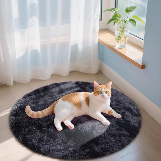 OLANLY Deep Grey Tie-dye Round Rugs for Bedroom - Machine Washable, 3x3 Feet Circle Area Rugs for Living Room, Soft and Fluffy Shaggy Carpet for Teen Girls and Boys, Dorms, Home Decor Aesthetic