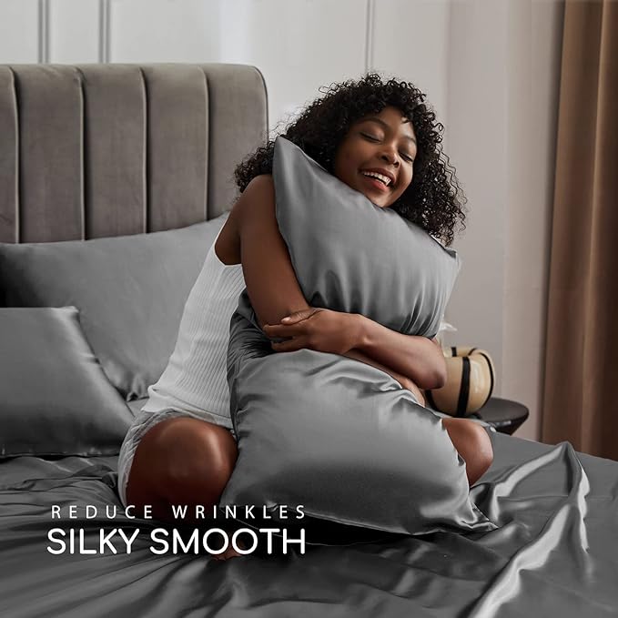 MR&HM Satin Bed Sheets, California King Size Sheets Set, 4 Pcs Silky Bedding Set with 15 Inches Deep Pocket for Mattress (California King, Dark Grey)