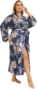 Women's Floral Long Satin Robes Plus Size Long Silk Robes Peacock Floral Kimonos Sleepwear Dressing Gown