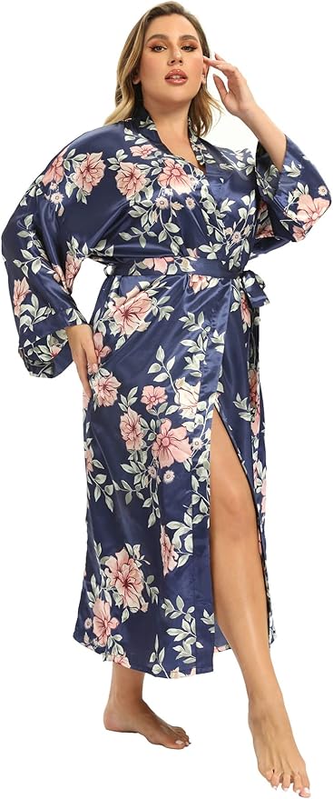 Women's Floral Long Satin Robes Plus Size Long Silk Robes Peacock Floral Kimonos Sleepwear Dressing Gown