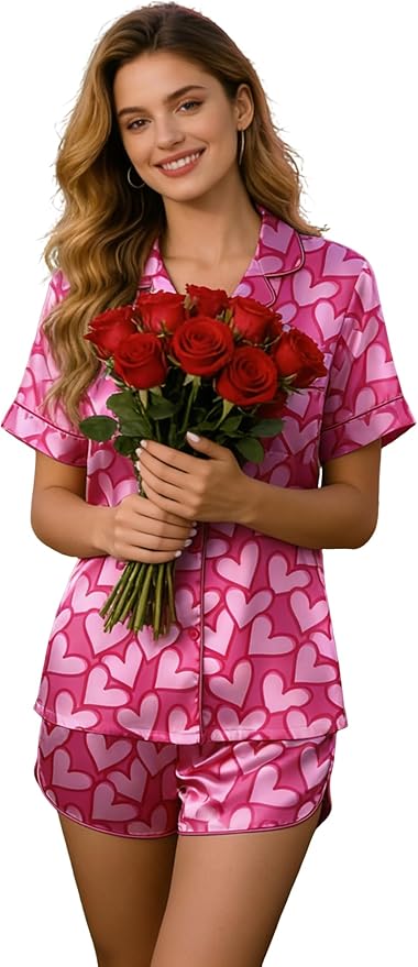 Ekouaer Womens Silk Satin Pajamas Set Short Sleeve Sleepwear Button Down Loungewear 2 Piece Pjs Shorts Set S-5X Plus Size