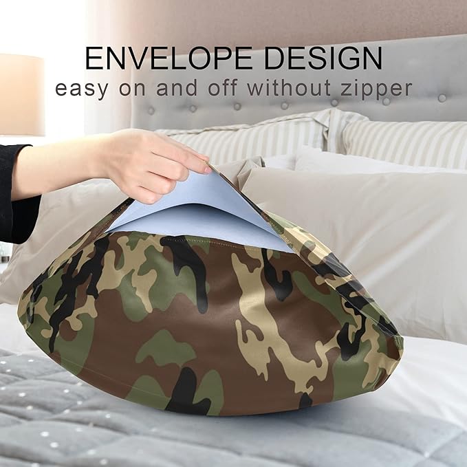 Green Army Camo Satin Pillowcase for Hair and Skin, Army Camouflage Military Silk Pillow Case with Envelope Closure, Queen Size 20x30 inches1 PC