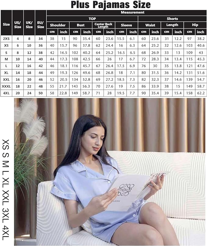 WJing Yi Jia Womens 3Pcs Floral Pajamas Sets Silk Satin Sleepwear XS~4XL Button Down Short Sleeve Shirt Pjs Loungewear