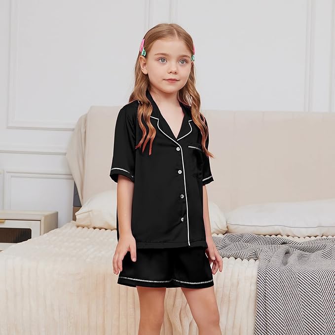 QPANCY Kids Satin Pajamas Sets Baby Boy Girl Button-Down Silk Sleepwear 2 Piece Short Sleeve Loungewear Clothes Set