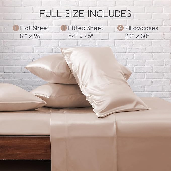MR&HM Satin Bed Sheets, Full Size Sheets Set, 6 Pcs Silky Bedding Set with 15 Inches Deep Pocket for Mattress (Full, Champagne)
