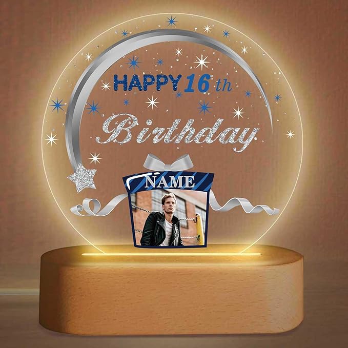 Customized Birthday Gifts Personalized Acrylic LED Night Light Lamp Crystal Ball Plaque Custom Photo Name Birthday Gifts for Mom Kids (Navy Blue and Silver)