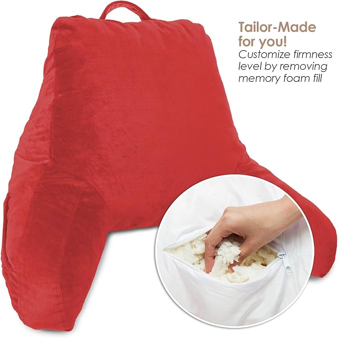 Clara Clark Reading Pillow with Shredded Memory Foam for Sitting Up in Bed and Couch, Back and Arms Adjustable Support for Adults & Teens Backrest Pillows for Reading, with Washable Cover Red