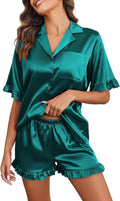 Ekouaer Satin Pajama Set for Women Button Down Silk 2 Piece Pj Sets Ruffle Short Sleeve Sleepwear