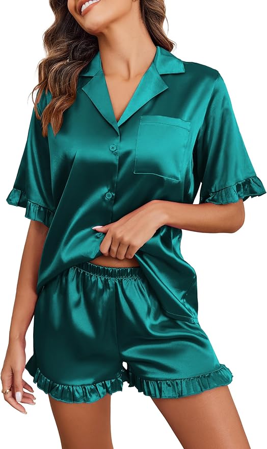Ekouaer Satin Pajama Set for Women Button Down Silk 2 Piece Pj Sets Ruffle Short Sleeve Sleepwear