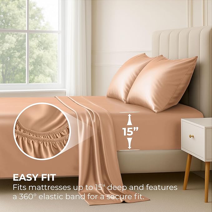 Satin Sheets Full [4-Piece, Rose Gold] Hotel Luxury Silky Bed Sheets - Extra Soft 1800 Microfiber Sheet Set, Wrinkle, Fade, Stain Resistant - Deep Pocket Fitted Sheet, Flat Sheet, Pillow Cases
