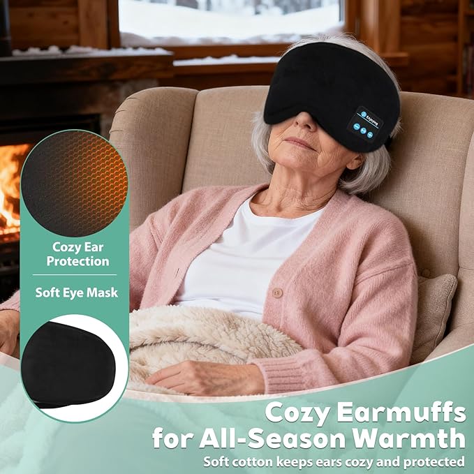 Sleep Mask Bluetooth Wireless Headphones, Sleep Earphones Music Eyemask, 2 in 1 Ear Mask and Eye Mask for Side Sleepers, Warm Earbuds Built-in HD Speakers Blindfold for Men Women (Black)