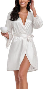 Lace Trim Satin Robes for Women Bride Bridesmaid Silky Kimono Robe Valentines Lingerie with Bell Sleeves