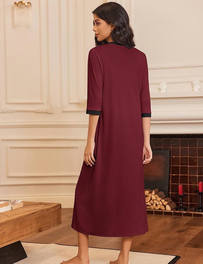 Ekouaer Women's Zipper Robe 3/4 Sleeves Housecoat Full Length Nightgown Soft Loungewear Robe with Pockets S-3XL