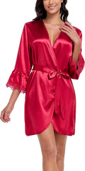 Lace Trim Satin Robes for Women Bride Bridesmaid Silky Kimono Robe Valentines Lingerie with Bell Sleeves