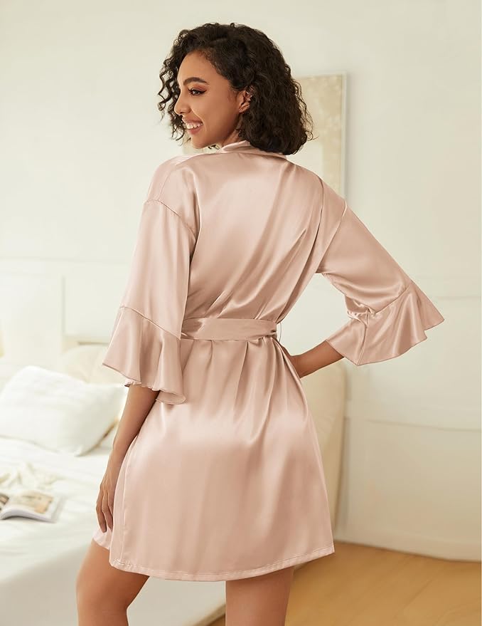 Ekouaer Women's Silk Robe Set V-neck 2 Piece Bridal Party Robes and Satin Bathrobe Set with Pockets