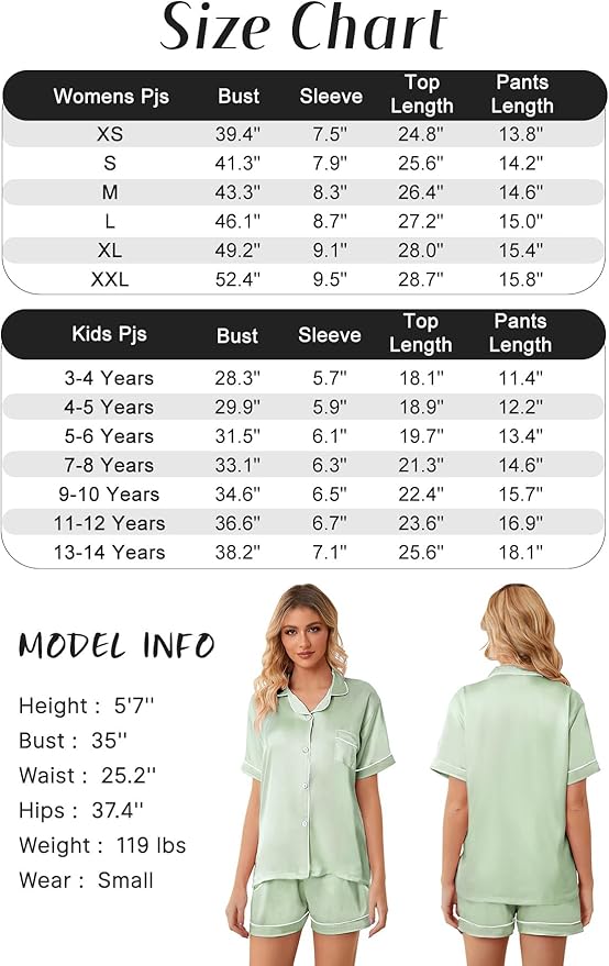 Girls & Womens Satin Pajamas Set, Silk Button-Down Sleepwear 2 Piece Nightwear, 3 Years - Women XXL