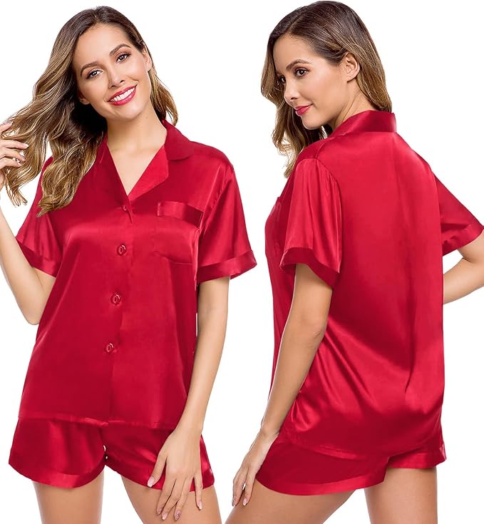 LecGee Womens Silk Satin Pajamas Short Sleeve Loungewear Two-Piece Sleepwear Button-Down Pj Set