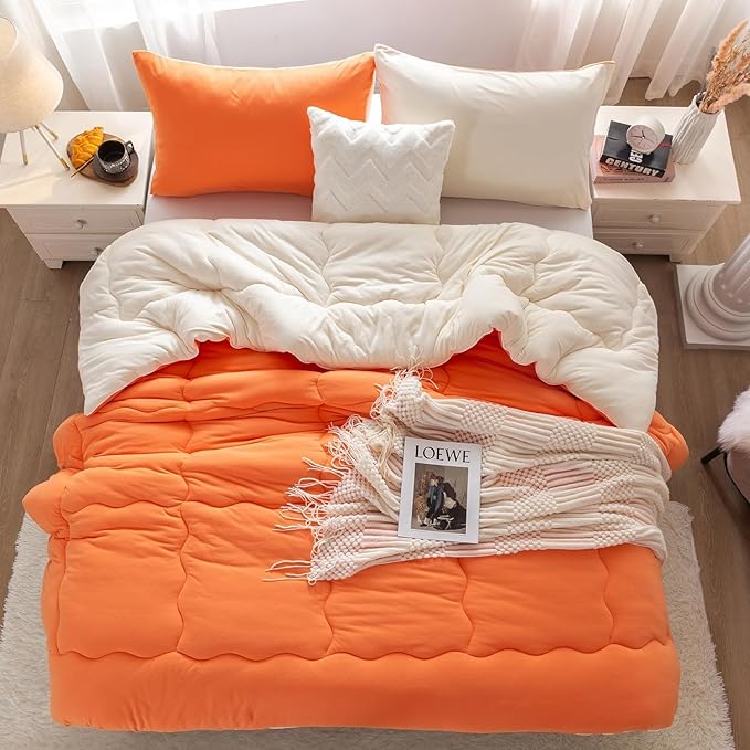 COTTEBED Winter Reversible Softness Burnt Orange and Beige Twin Comforter Set for Girls Kids College Dorm, Warm Thick Breathable Fluffy Cozy Comfy Bedding Down Comforter Christmas, Twin/Twin XL