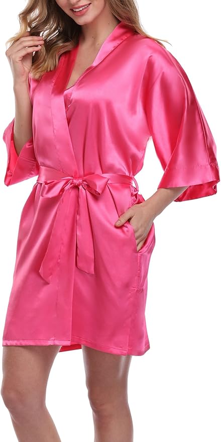 Women's Pure Color Satin Kimono Robe Short Bridesmaids Robe Dressing Gown
