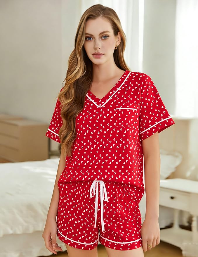 ASTANFY Valentines Day Pajamas Women 2 Piece Silk Valentine Pjs Cute Heart Pajamas V Neck Satin Sleepwear Loungewear Set
