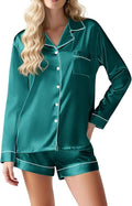 Ekouaer Satin Pajama Set for Women Button Down Pj Set Long Sleeve Top and Shorts 2 Piece Loungewear Summer Soft Sleepwear