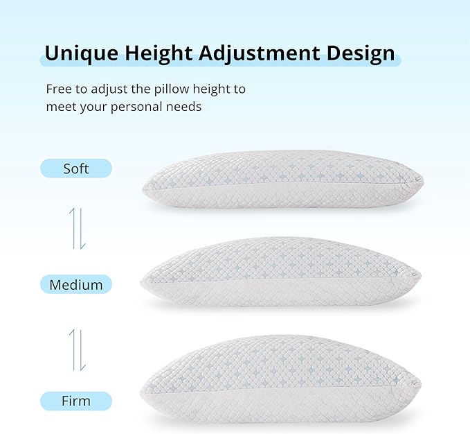 EGOHOME Cooling Shredded Memory Foam Pillows for Hot Sleepers, Adjustable Bed Pillows for Side, Back or Stomach Sleepers, Neck Pillows for Sleeping, Queen Pillow with Removable Cover(1PC)