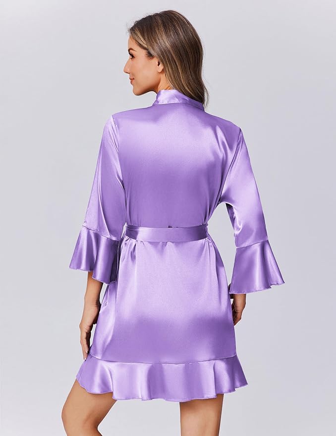 Ekouaer Women's Satin Robe Short Ruffle Hem Silky Robes Lightweight Kimono Brides Bathrobes Sleepwear XS-XXL