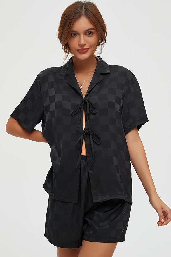 CHYRII Women's Silk Satin Pajamas Sets Tie Front Short Sleeve Tops and Shorts Two Piece Pj Sets Sleepwear