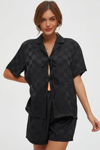 CHYRII Women's Silk Satin Pajamas Sets Tie Front Short Sleeve Tops and Shorts Two Piece Pj Sets Sleepwear