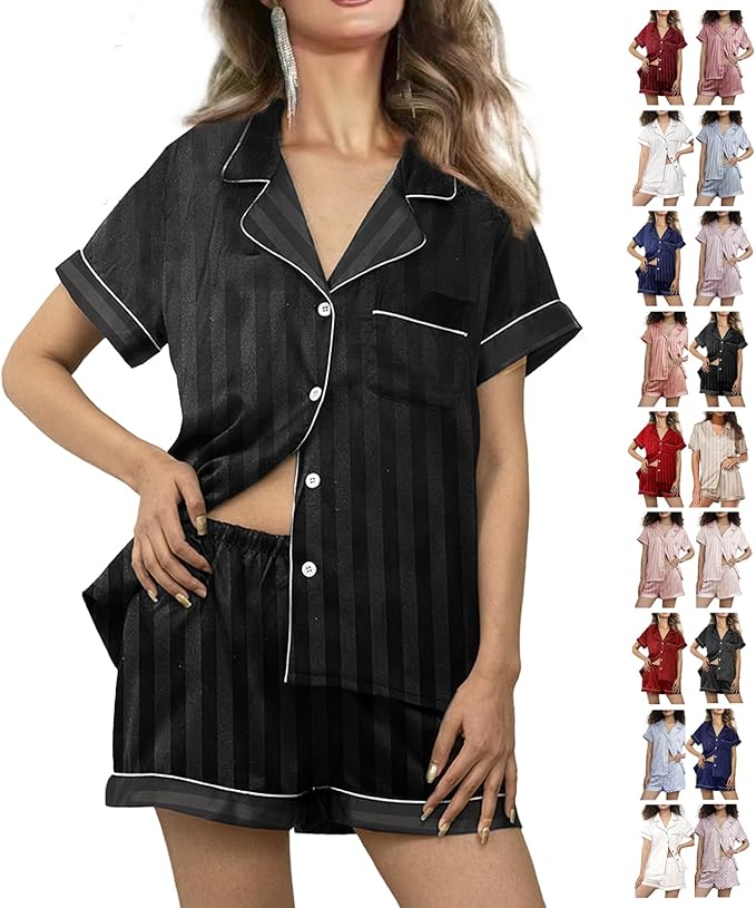 WJing Yi Jia Womens Silk Satin Pajamas Loungewear Two-Piece Sleepwear Button-Down Floral Pj Set XS-4XL
