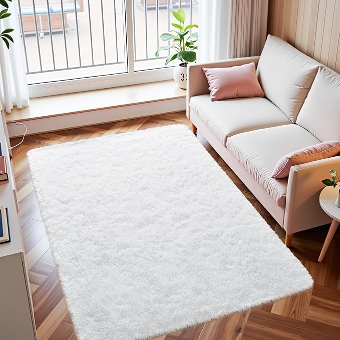 Macgace Fluffy Area Rugs for Bedroom Decor Aesthetic, 3x5 White Shag Rug with Non-Slip Dots for Living Room, Fuzzy Plush Carpet Washable Rug Modern Home Decor for Kids Nursery Girls Room Office