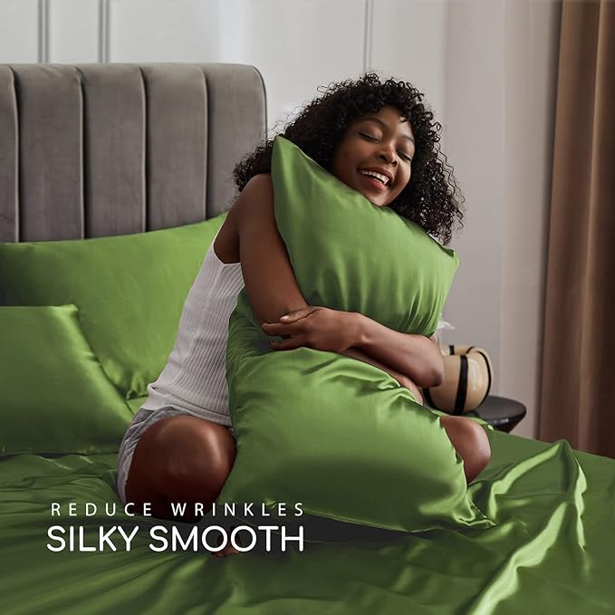 MR&HM Satin Bed Sheets, Full Size Sheets Set, 4 Pcs Silky Bedding Set with 15 Inches Deep Pocket for Mattress (Full, Sage)