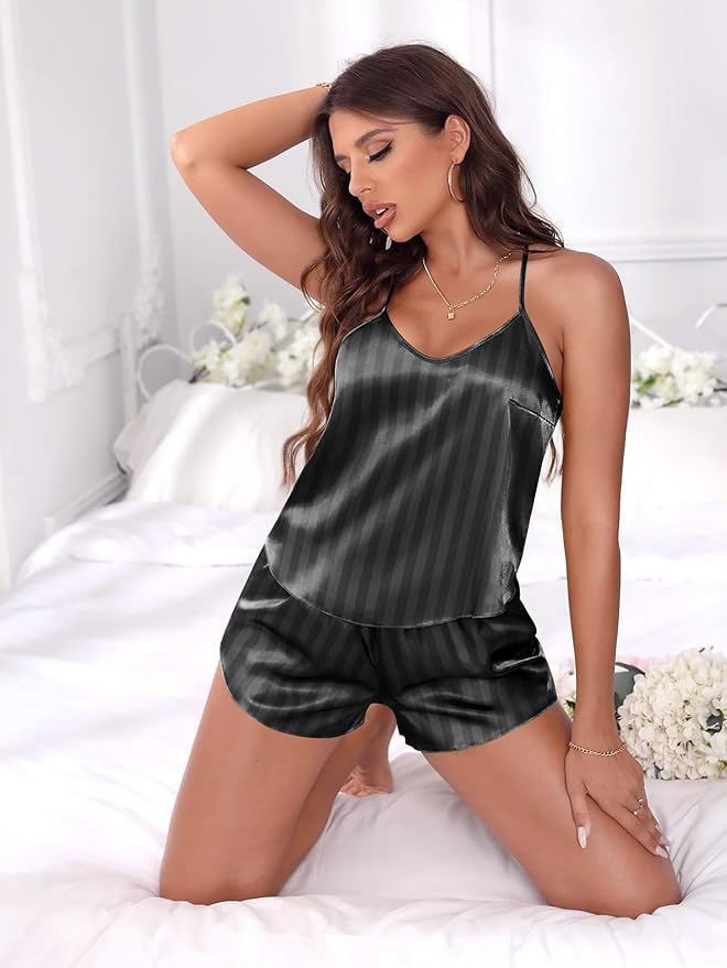 EKOUAER Silky Pajama Set for Women V-Neck Satin Camisole Lingerie Sets Party Loungewear Sleepwear