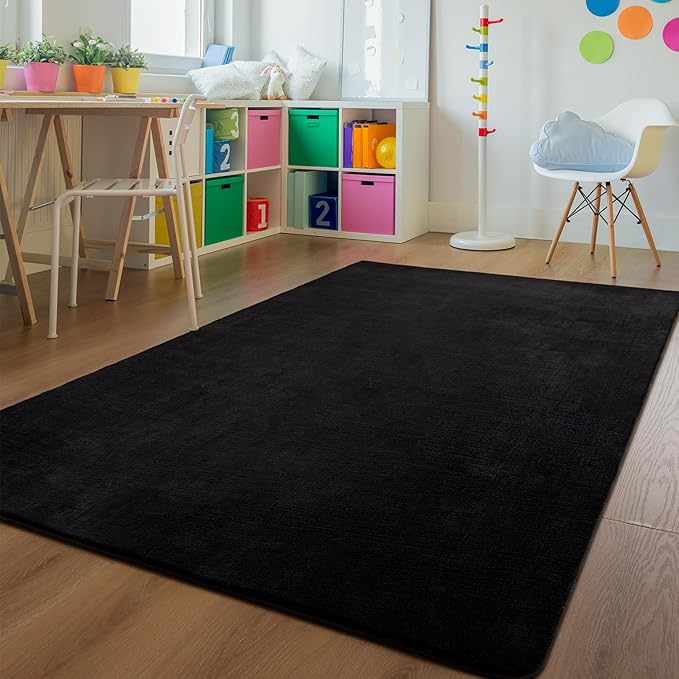 Andecor Shag Living Room Area Rug, 6x9 Black Washable Fuzzy Bedroom Rugs, Soft Fluffy Indoor Carpets for Dorm Boys Girls Kids Room Nursery Home Decorations
