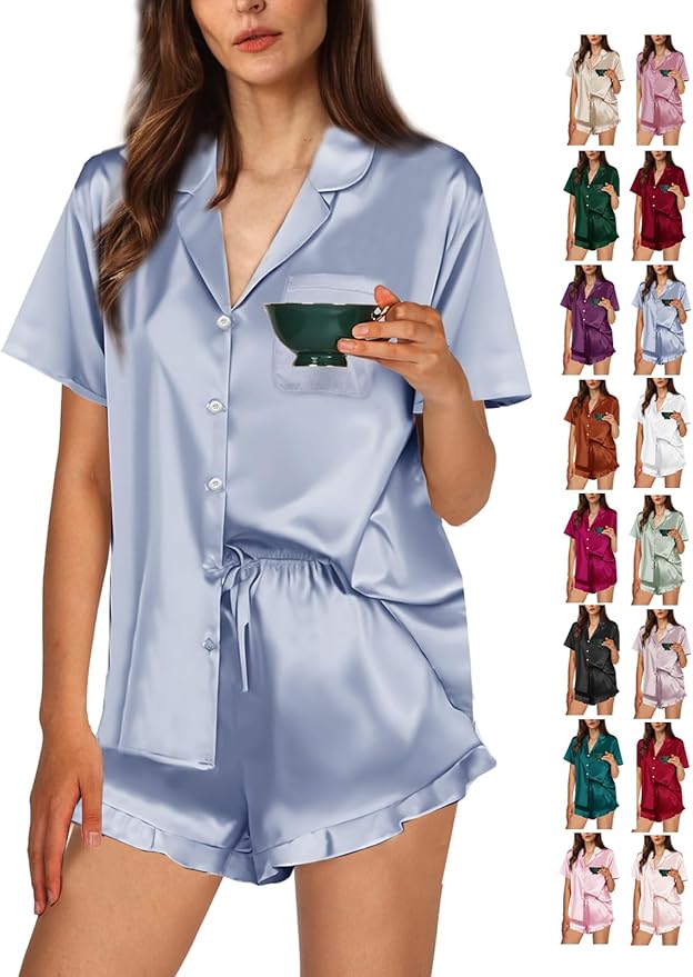WJing Yi Jia Ruffle Pajama Sets For Women XS-4XL Womens Silk Satin Pajamas Set Silky Sleepwear Pj Sets Nightwear Loungewear