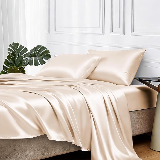 MR&HM Satin Bed Sheets, Full Size Sheets Set, 4 Pcs Silky Bedding Set with 15 Inches Deep Pocket for Mattress (Full, Beige)