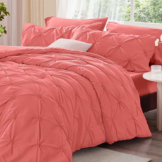 BEDELITE Coral King Size Comforter Set - 3 Pieces Boho Pintuck Bedding Comforter Sets, Lightweight Soft & Warm King Bedding Set with 2 Pillowcases for All Season