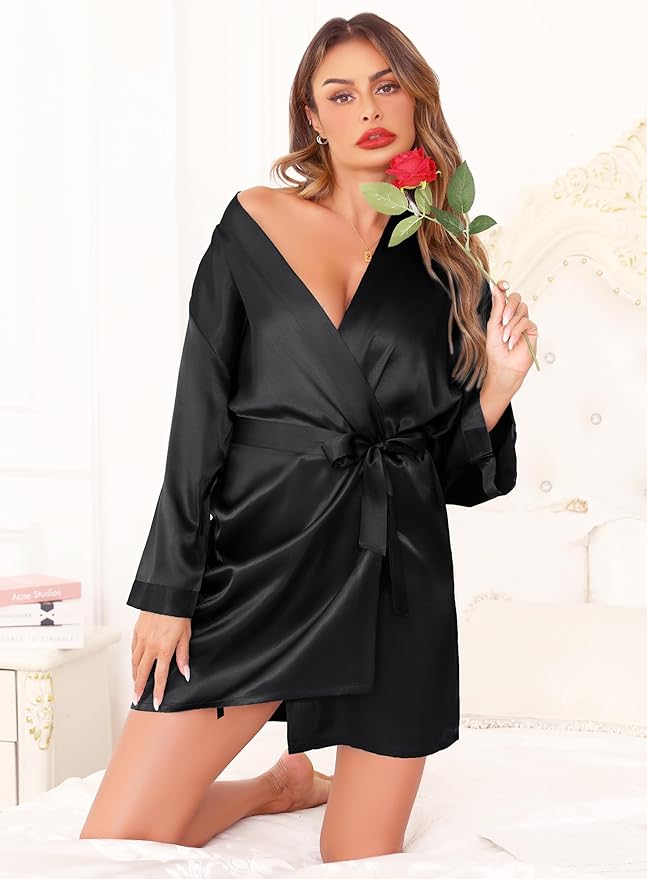 Women's Robes Satin Bathrobe Lightweight Short Silk Kimono V-Neck Bride Bridesmaids Loungewear
