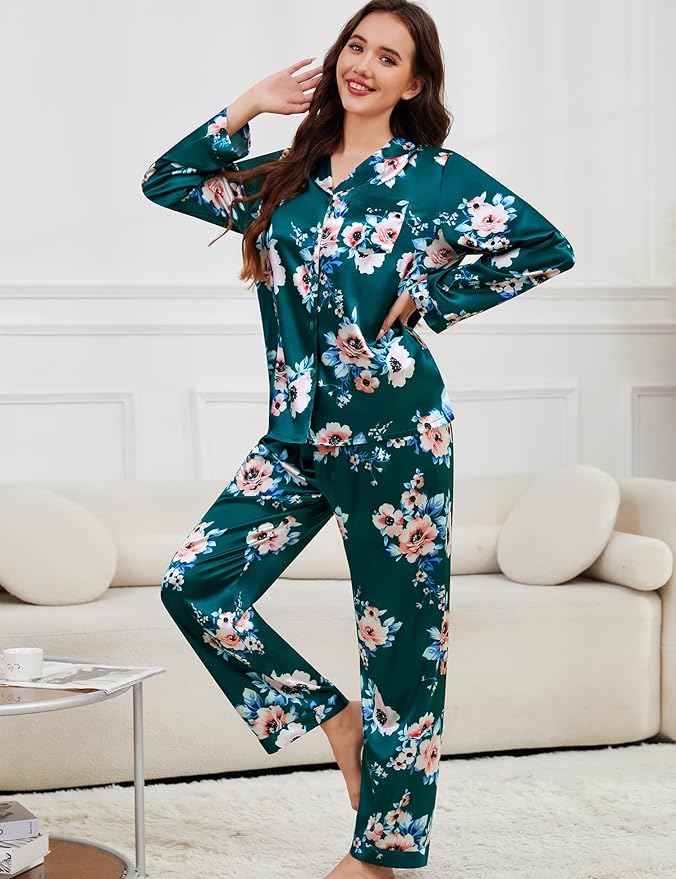 SWOMOG Long Sleeve Pajamas Set Silk Satin Sleepwear Button Down Pjs Loungewear with Pocket