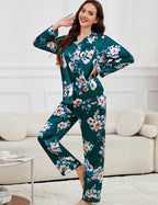 SWOMOG Long Sleeve Pajamas Set Silk Satin Sleepwear Button Down Pjs Loungewear with Pocket